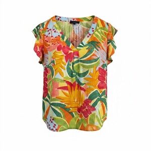 Rachel Roy Women 1X Top Floral Tropical V-Neck Flutter Sleeve Rayon Multi